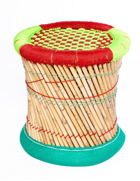 Braided Bamboo: Handcrafted Indian Stool | Flexible Rubber Base for Comfort