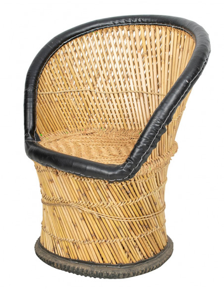Jute armchair with faux leather details | Handcrafted in India | Comfort and ethnic style