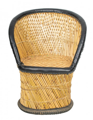 Jute armchair with faux leather details |...