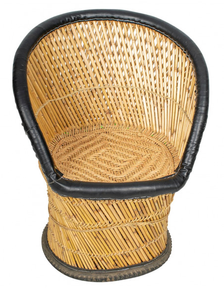 Jute armchair with faux leather details | Handcrafted in India | Comfort and ethnic style