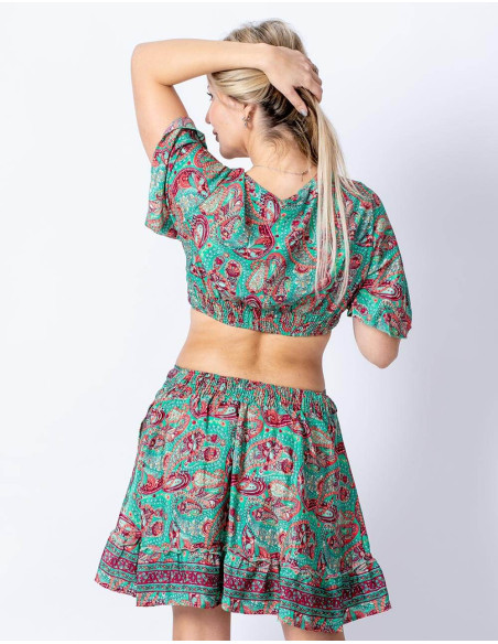 Kimago Green and Red Printed Silk Set