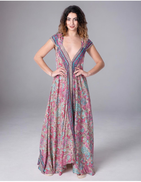 Long Pink Silk Dresses with Flowers