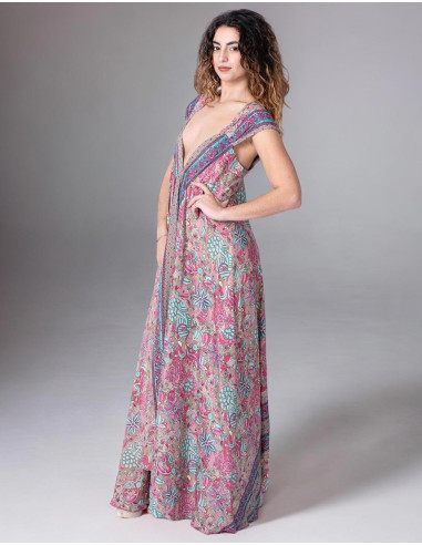 Long Pink Silk Dresses with Flowers