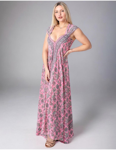 vestido-mujer-seda-fondo rosa-flores-grises