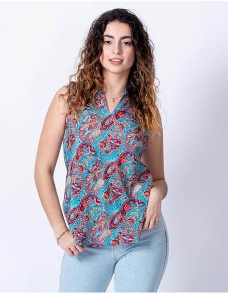 Light blue silk T-shirt with ethnic drawings