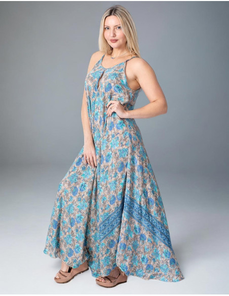 Light Blue Printed Silk Long Dress