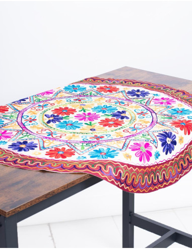 Round Tablecloth with Hand Embroidered Flowers...