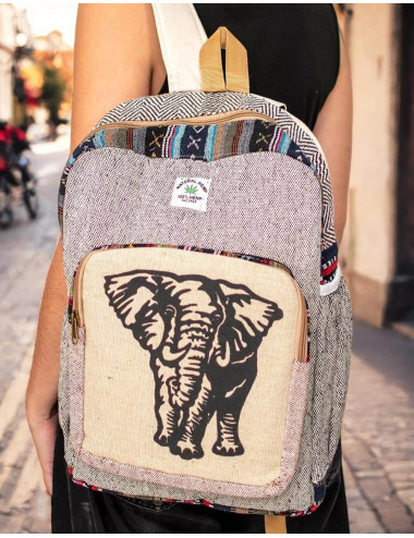 Trendy Unisex Hemp Backpack with Elephant Design -...