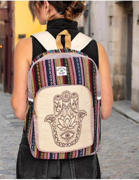 Unisex Hamsa Print Hemp Backpack | Indian Handcrafted Exclusivity and Functionality