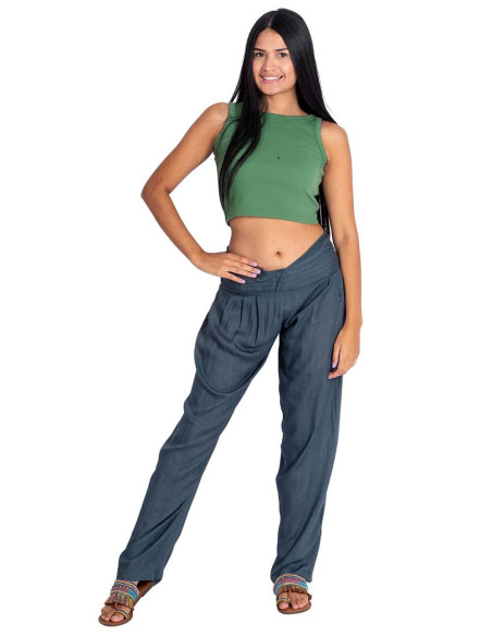 Gray Viscose Straight Trousers with Front V-Neck Detail – Kimago