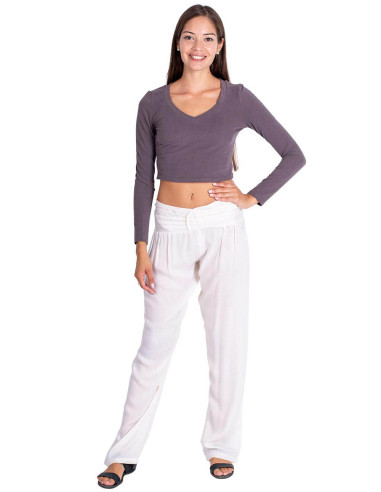White Viscose Straight Trousers with Front Peak...