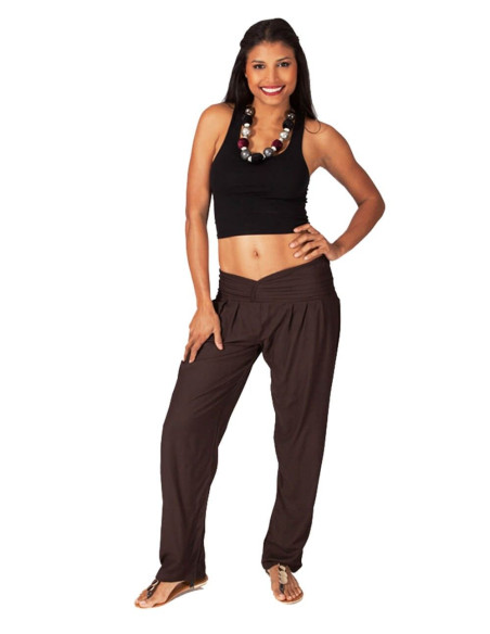 Kimago Chocolate Brown Straight Pants with V-Neck and Elastic Waistband
