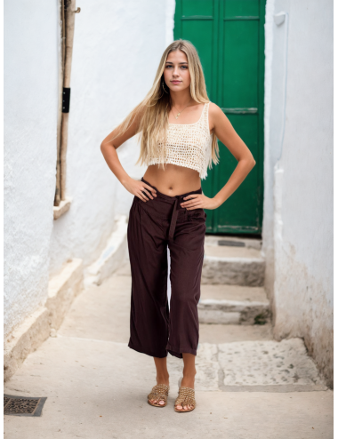 Kimago Chocolate Brown Capri Pants with Bow Belt