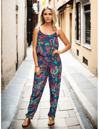 Kimago blue printed silk long jumpsuit with adjustable...
