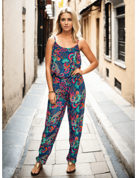 Kimago blue printed silk long jumpsuit with adjustable straps