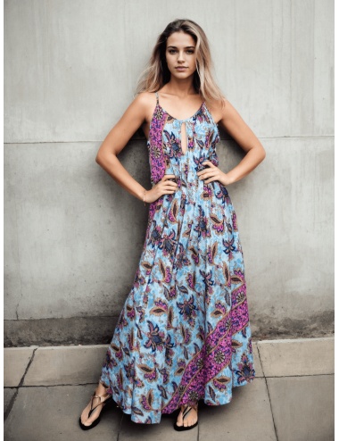 Kimago silk long dress with a floral print in light blue...