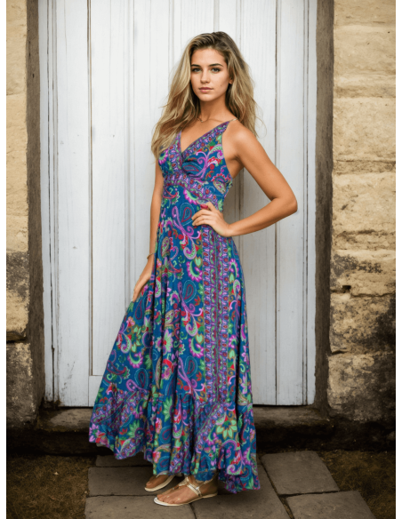 Kimago blue silk long dress with V-neck and flowers