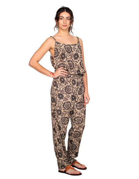 Kimago silk long jumpsuit in ochre tones with adjustable straps