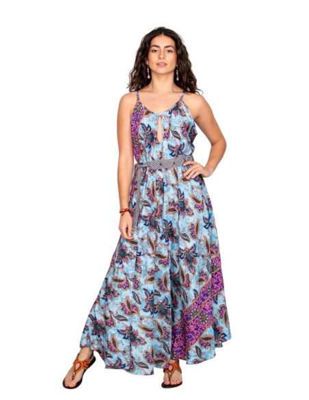 Kimago silk long dress with a floral print in light blue tones