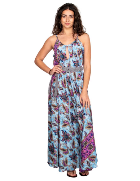 Kimago silk long dress with a floral print in light blue tones