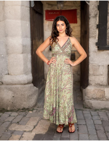 Light green Kimago silk long dress with V-neckline