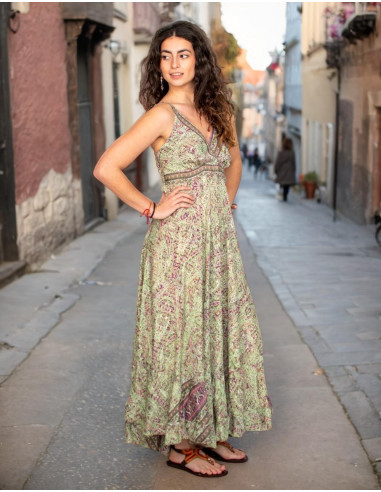 Light green Kimago silk long dress with V-neckline