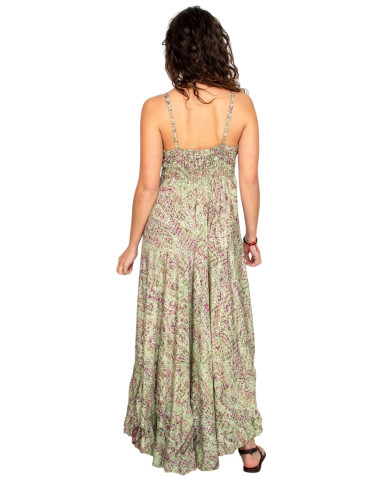 Light green Kimago silk long dress with V-neckline