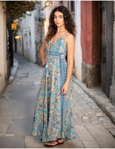 Kimago silk long dress with V-neck and...