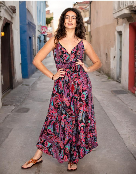 vestido-verano-hippie-negro-estampado-fucsia