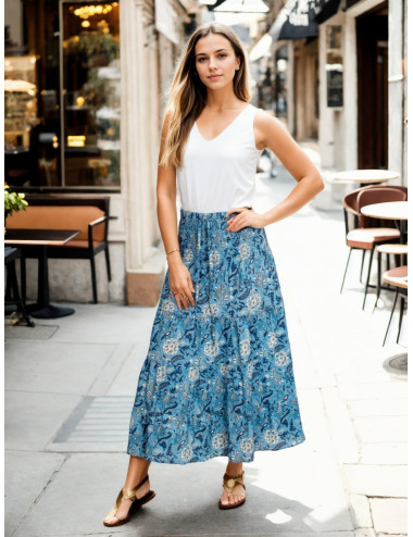 Long light blue skirt with Kimago cotton flowers