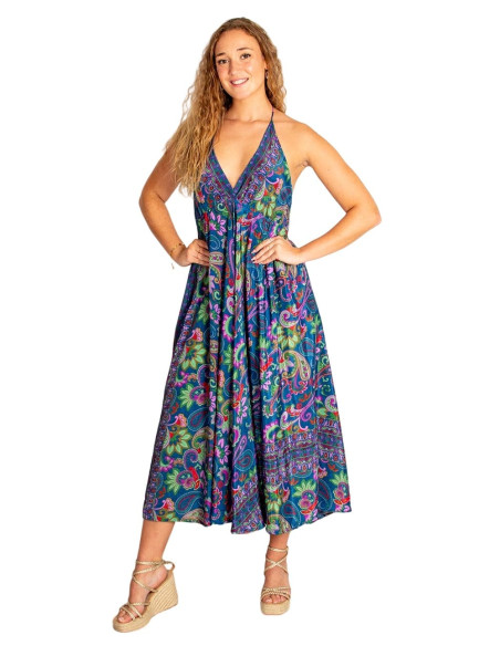 Kimago ethnic long dress in silk with adjustable straps
