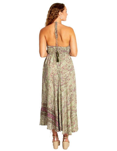 Vestido largo étnico verde de seda