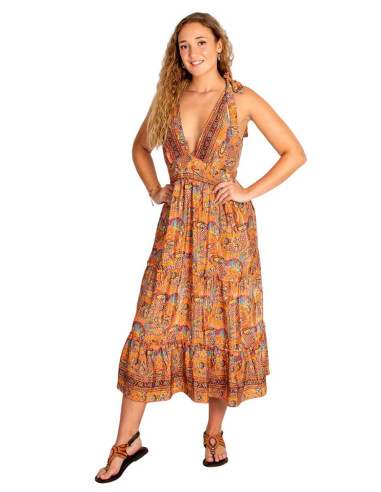 Kimago printed silk dress with laced straps