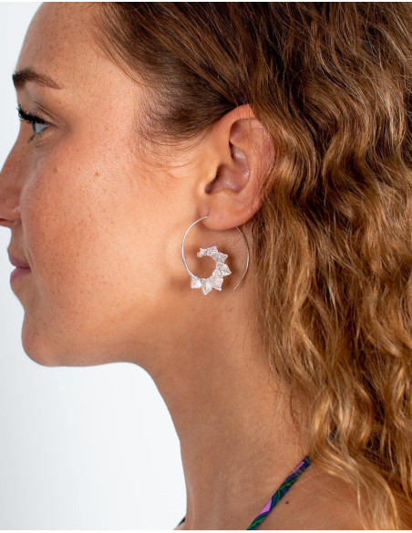 Silver-plated handmade earrings with carved leaves
