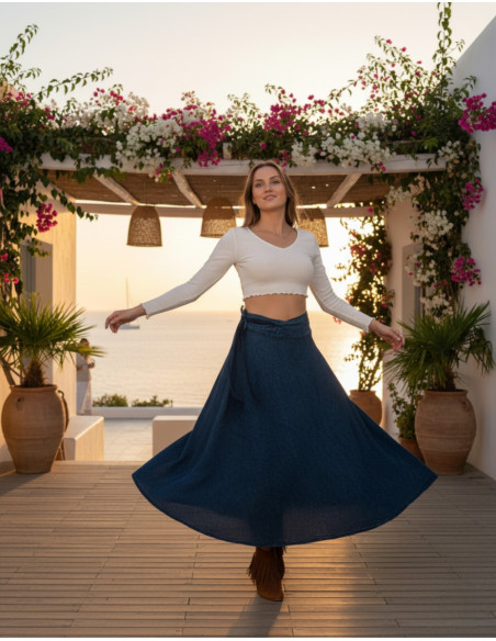 Long blue boho wrap skirt | Kimago