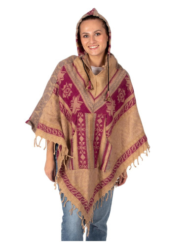 Ethnic cotton poncho with hood | Kimago