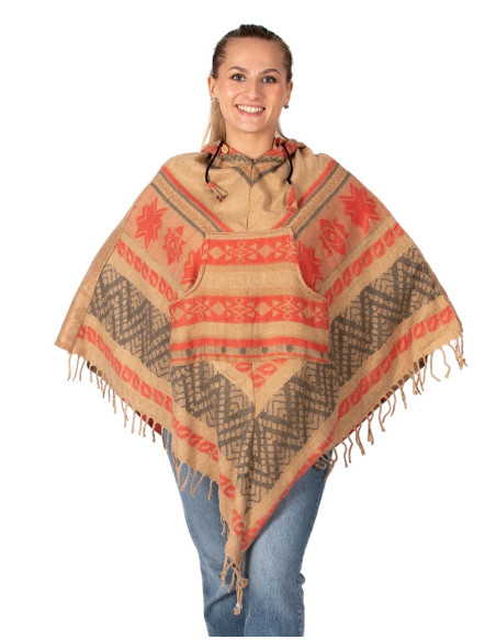 Ethnic cotton poncho with hood | Kimago