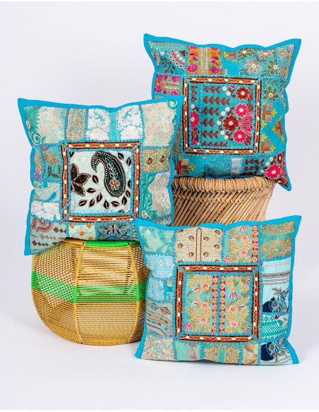 Handmade light blue boho style cushion cover 40x40