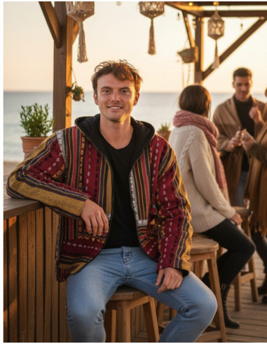 Ethnic hippie jacket with handmade fleece...