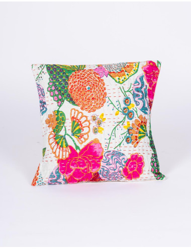 Handmade white cushion cover with printed flowers