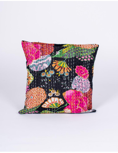 Handmade black cushion cover with printed flowers