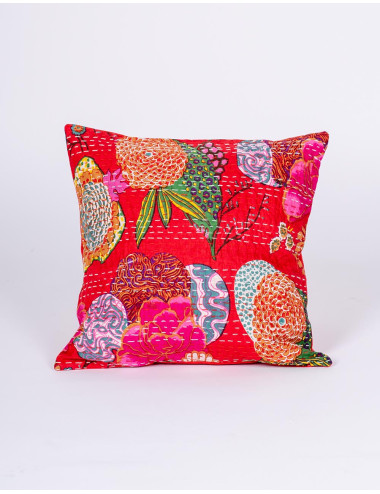Handmade red cushion cover with floral print