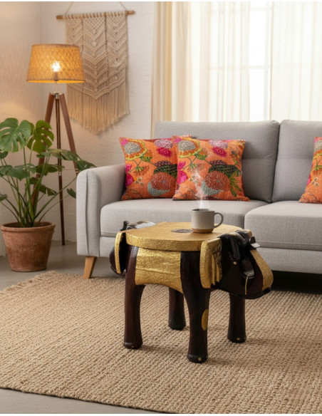 Handmade double elephant bench in brown and gold