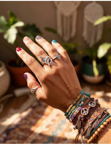 Ethnic ring with natural stone, gold or silver plated.