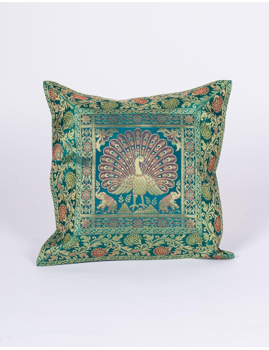 Green cushion cover with ethnic peacock design, 40x40
