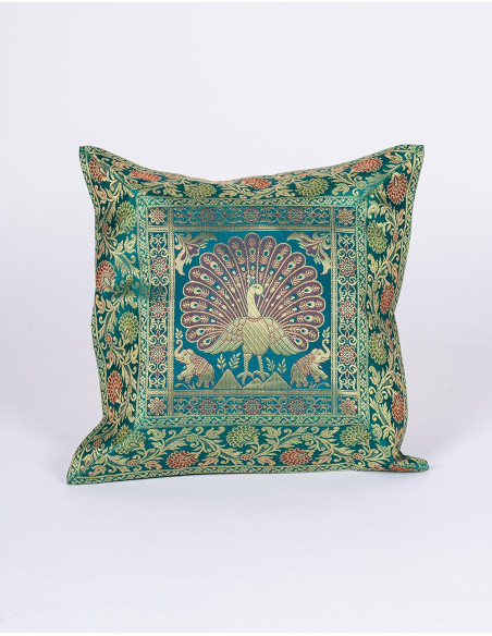 Green cushion cover with ethnic peacock design, 40x40