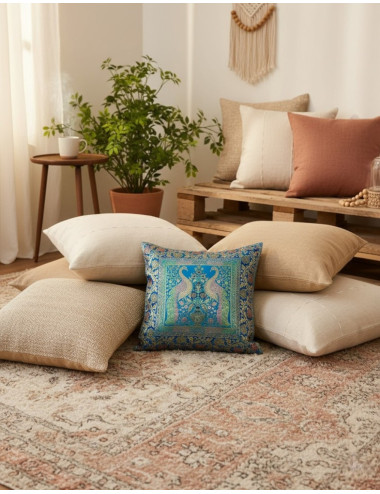 Light blue cushion cover with ethnic birds 40x40