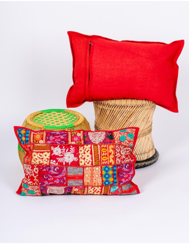 red patchwork cushion cover