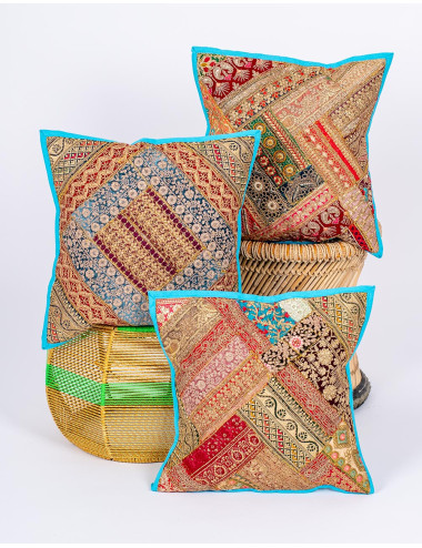 Embroidered ethnic light blue cushion cover