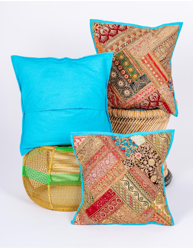 Embroidered ethnic light blue cushion cover
